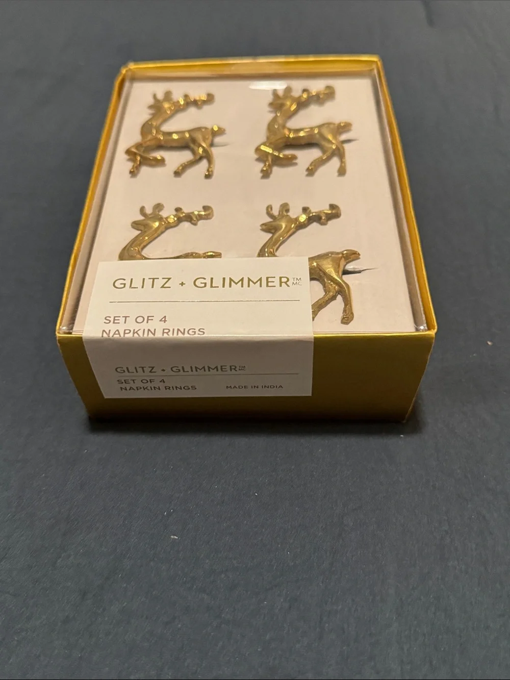 Glitz + Glimmer Gold Reindeer Napkin Rings - Set of 4
